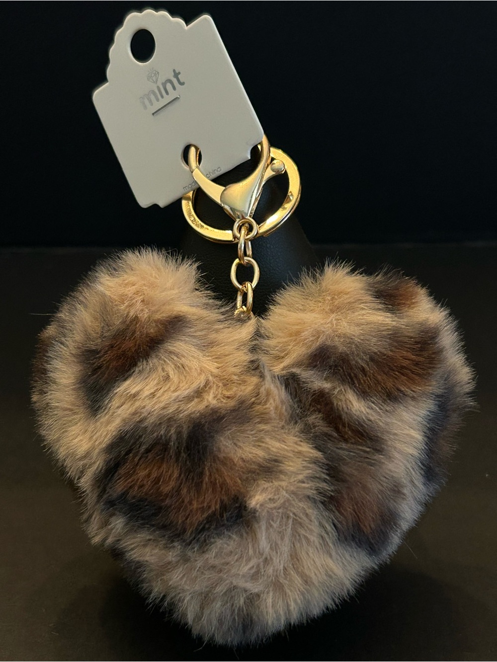 Mint Faux Fur Leopard 🐆 Print Heart Bag Charm Keychain - Brown and Black